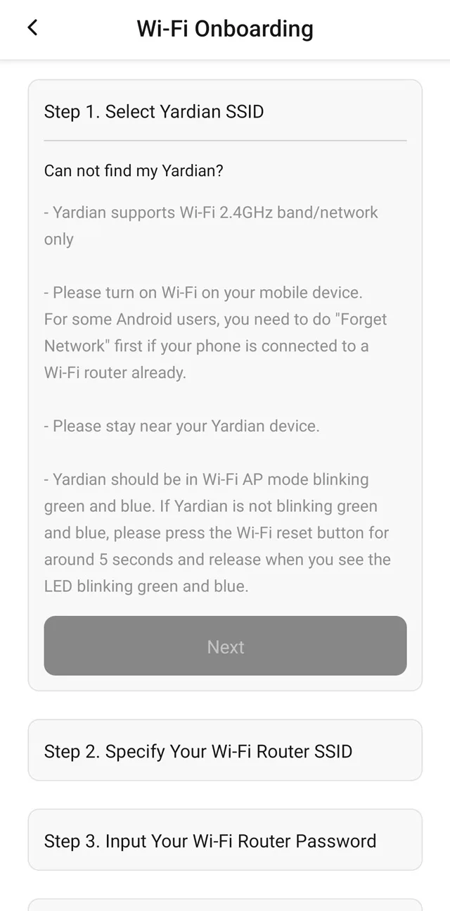 Wi-Fi onboarding screen showing Step 1: Select Yardian SSID with setup instructions and a disabled Next button