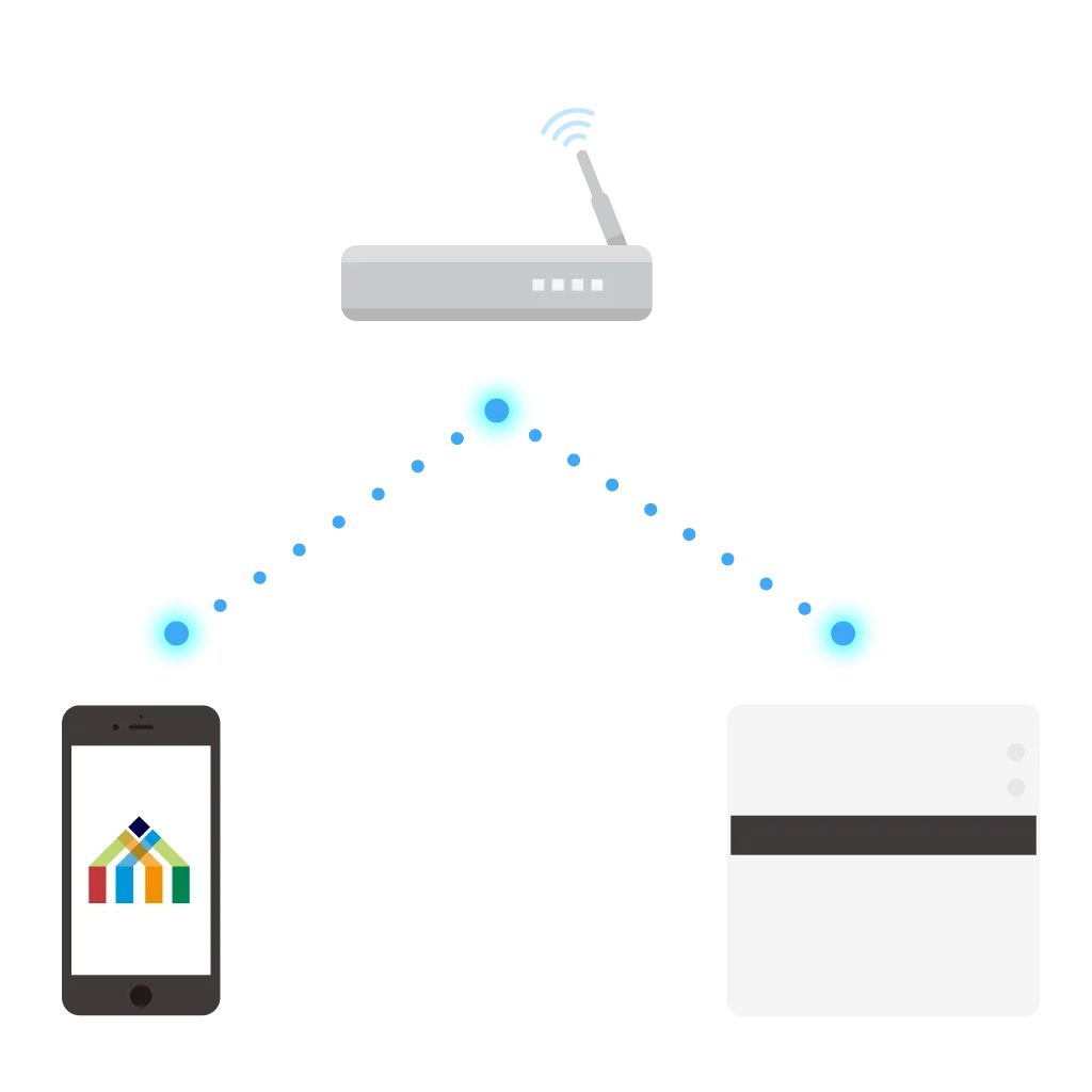 Left smartphone and right printer are connected via a wireless network shown by glowing blue nodes and a central router/access point above.